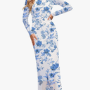 MEROKEETY Women's 2025 Long Sleeve Tie Dye Dress Bodycon Mock Neck Mesh Ruched Cocktail Maxi Dresses, Size L