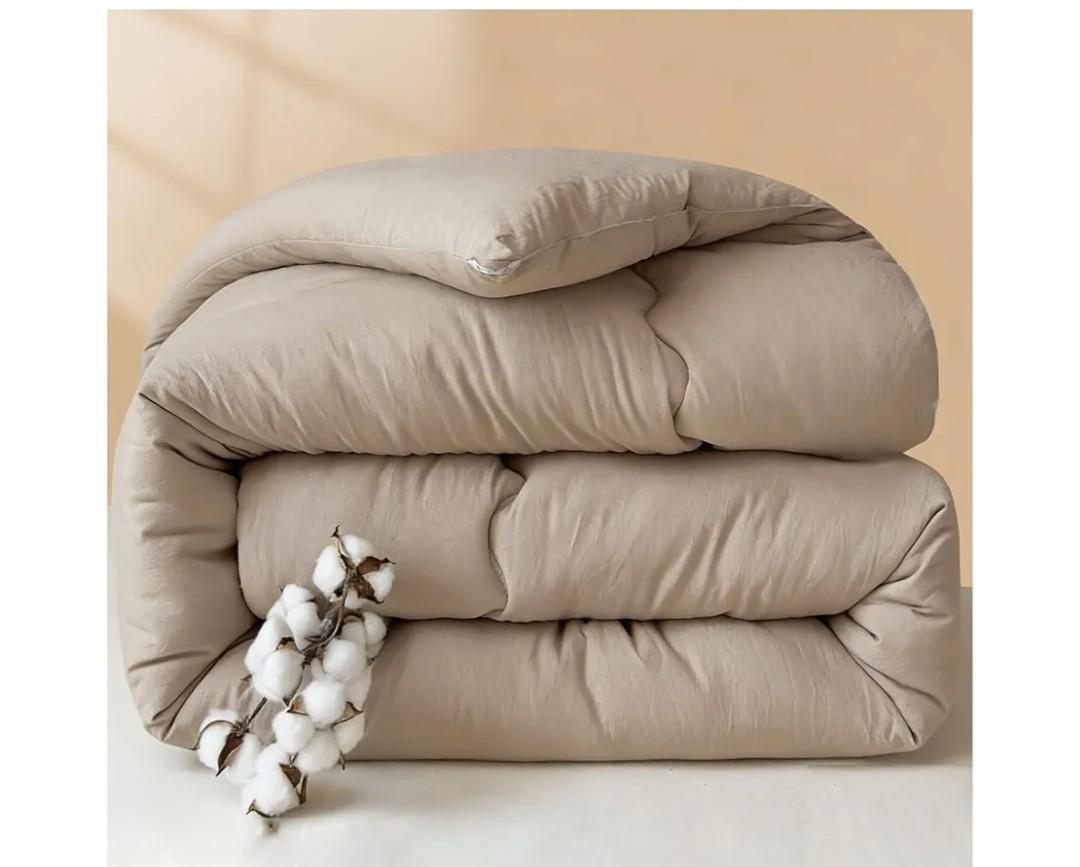 Double Sided Washed Cotton Blanket, Fluffy Cotton Quilt, Breathable Duvet, Warmth Thick Blanket, Soft Winter Comforter Core,Khaki,150x200cm(3.5kg)