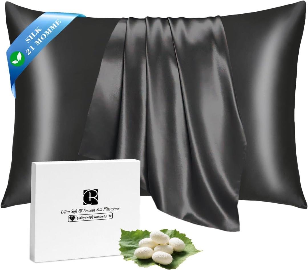 Ravmix Silk Pillow Cases with Zipper, 21momme Mulberry Silk Pillowcase for Hair Skin Health, Soft Smooth Breathable Cool Pillow Cover for Beauty Sleep with Gift Box 1PC(Standard 20"x26", Black)