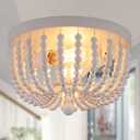Q&S White Flush Mount Ceiling Light Fixtures,2-Lights Wood Beaded Boho Chandeliers for Nursery Baby Bedroom Dining Room Living Room Kitchen Hallway W11.81