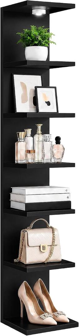 7-Tier LED Floating Wall Shelf, Heavy-Duty Tall Storage Shelf Unit with Remote Control, Large Freestanding Bookshelf for Bedroom Living Room Home Office, Easy Assembly,Black, 76.5"H