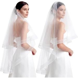 Jiuguva White Bridal Veil 2 Tier Wedding Veil with Horsehair Trim Comb Tulle Veils for Brides Shower Wedding Party Gift