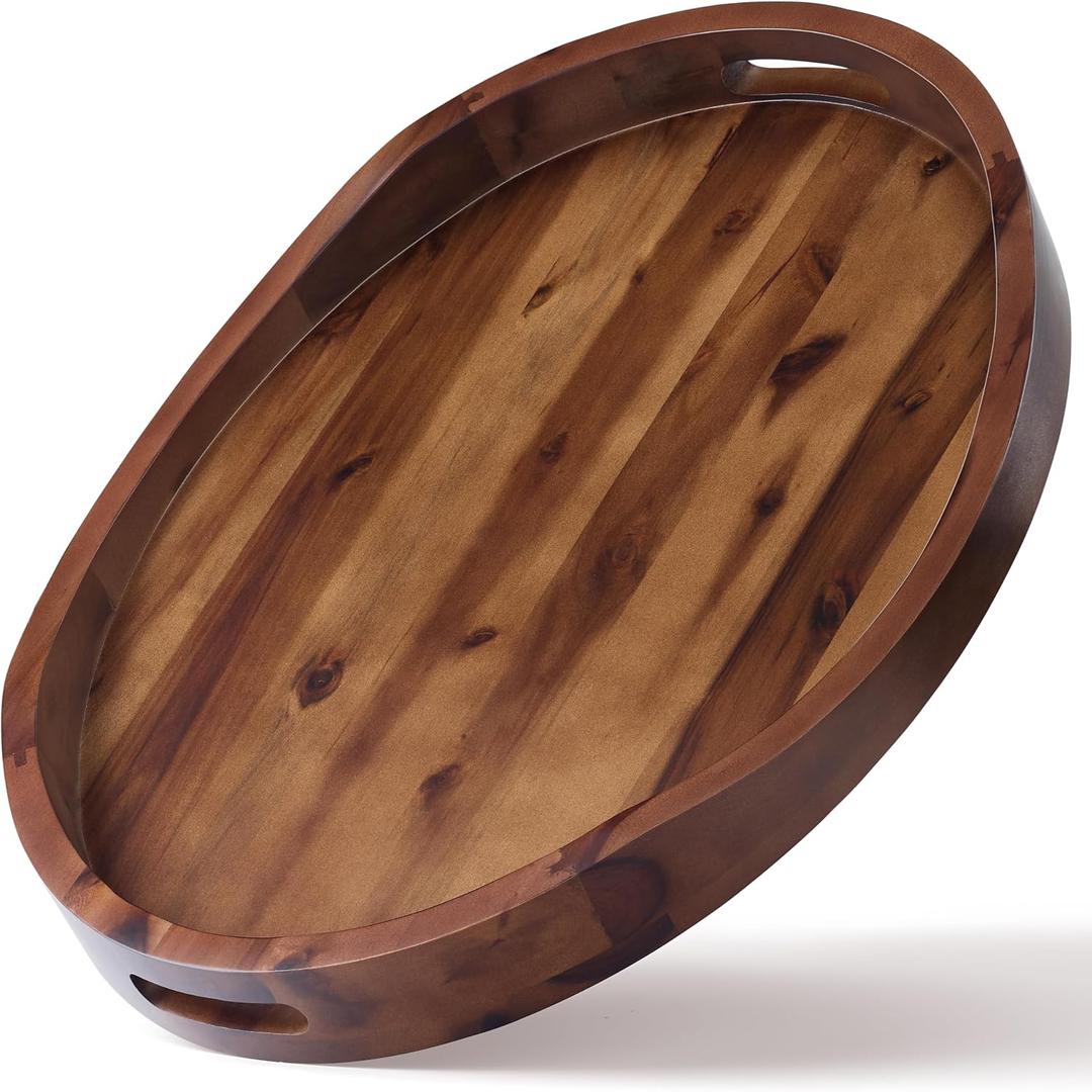 TIDITA Acacia Oval Wooden Serving Tray with Handle, 20"x15", Walnut Color