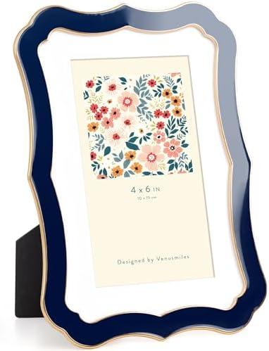 Venusmiles 4x6 Enamel Picture Frame with Mat to 3x5, Wavy Cloud Border, Gold Metal Edge Easel, Real Glass Photo Frame for Wall and Tabletop Display Family Office Photo Gallery, Navy Blue Enamel/1pc
