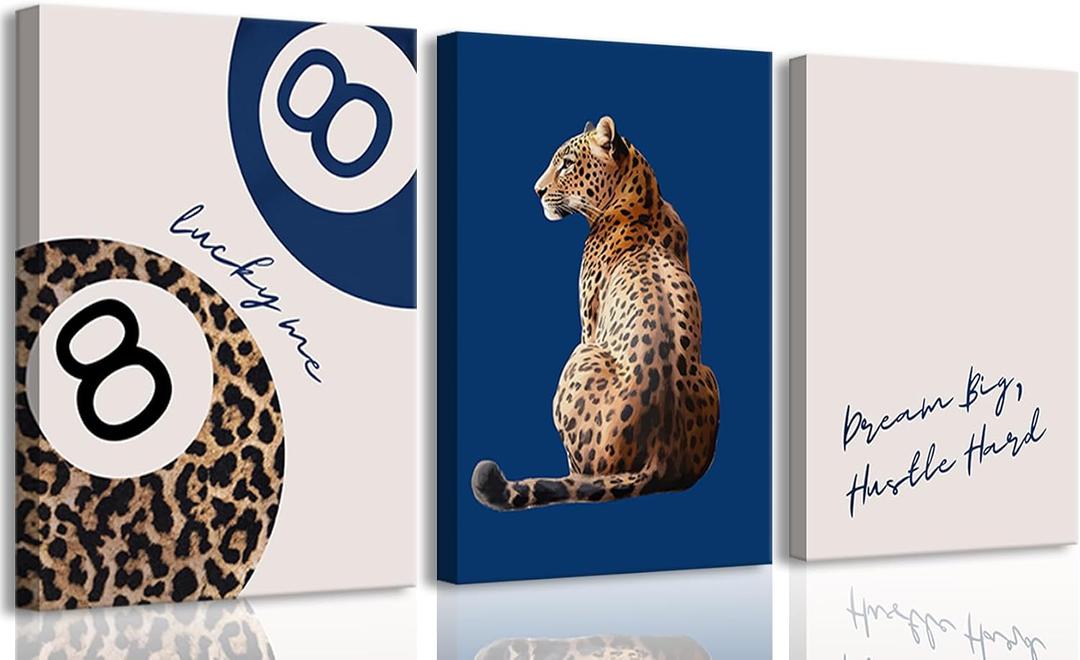 RAHUAO Navy Blue 3 Pcs Leopard Print Canvas Wall Art Cheetah animal prints 8 Ball Lucky Me pictures Trendy Wall decor Y2k aesthetics painting artwork for Apartment Dormitory College Decoration16x24in