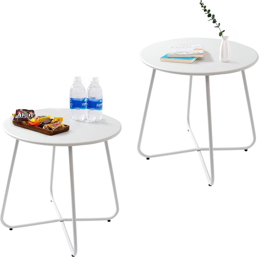 CODIN Set of 2 Outdoor Side Table Outdoor, Metal Side Table Small Round Side Table Weather Resistant End Table Patio Table for Garden Porch Balcony Yard Lawn (2, White)