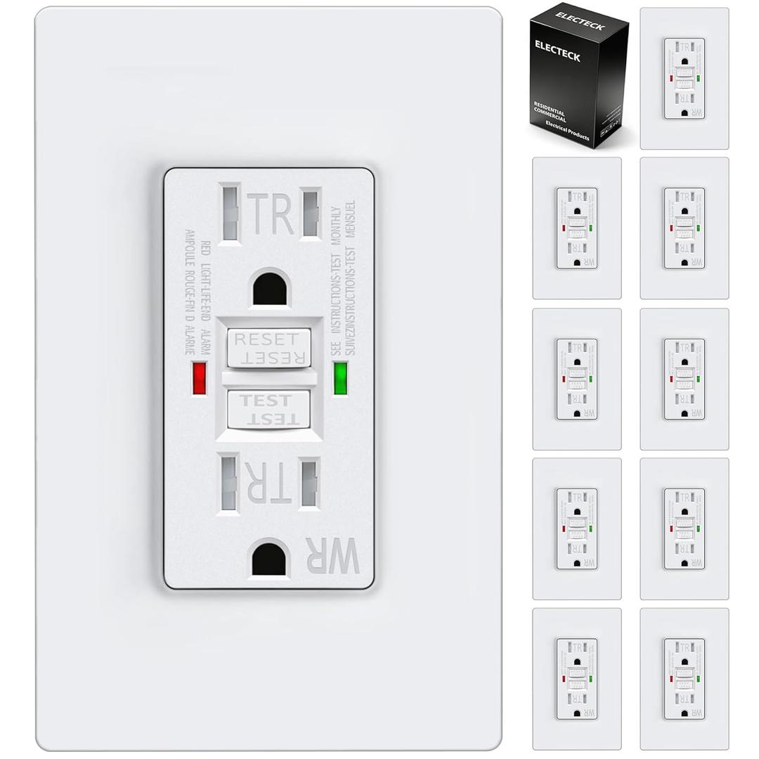 10 Pack GFCI Outlets 15 Amp, Outdoor Weather Resistant (WR), Self-Test GFI Receptacles with LED Indicator, Ground Fault Circuit Interrupter, Screwless Wallplate Included, UL Listed, White