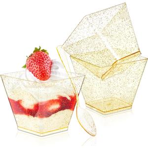 Qeirudu 3.5 oz Mini Gold Glitter Dessert Cups with Spoons - 50 Pack Gold Plastic Dessert Cups Small Parfait Shooter Cups for Party Appetizers Banana Pudding Jello