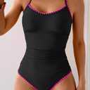 Eomenie Women's One Piece Swimsuit Tummy Control Slimming Bathing Suit Ruched Swimwear Tie Back Shell Stitch Swim Suit (Medium, Black Pink)