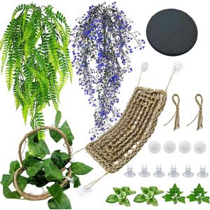 8PCS Bearded Dragon Hammock Reptile Basking Platform Rock Reptile Artificial Plants Leaves & Vines Lizard Habitat Decor Terrarium Tank Accessories for Hiding & Climbing Snake Gecko Bird Chameleon