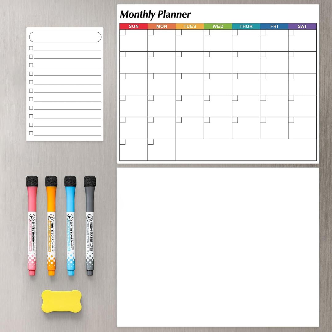 Dry Erase Magnetic Calendar for Refrigerator, 3 Pack- Monthly & Blank & Daily Planner Magnet Whiteboard for Fridge Wall Door - Shopping, Meal/Menu, to Do List, Family Schedule Planning Board (B)