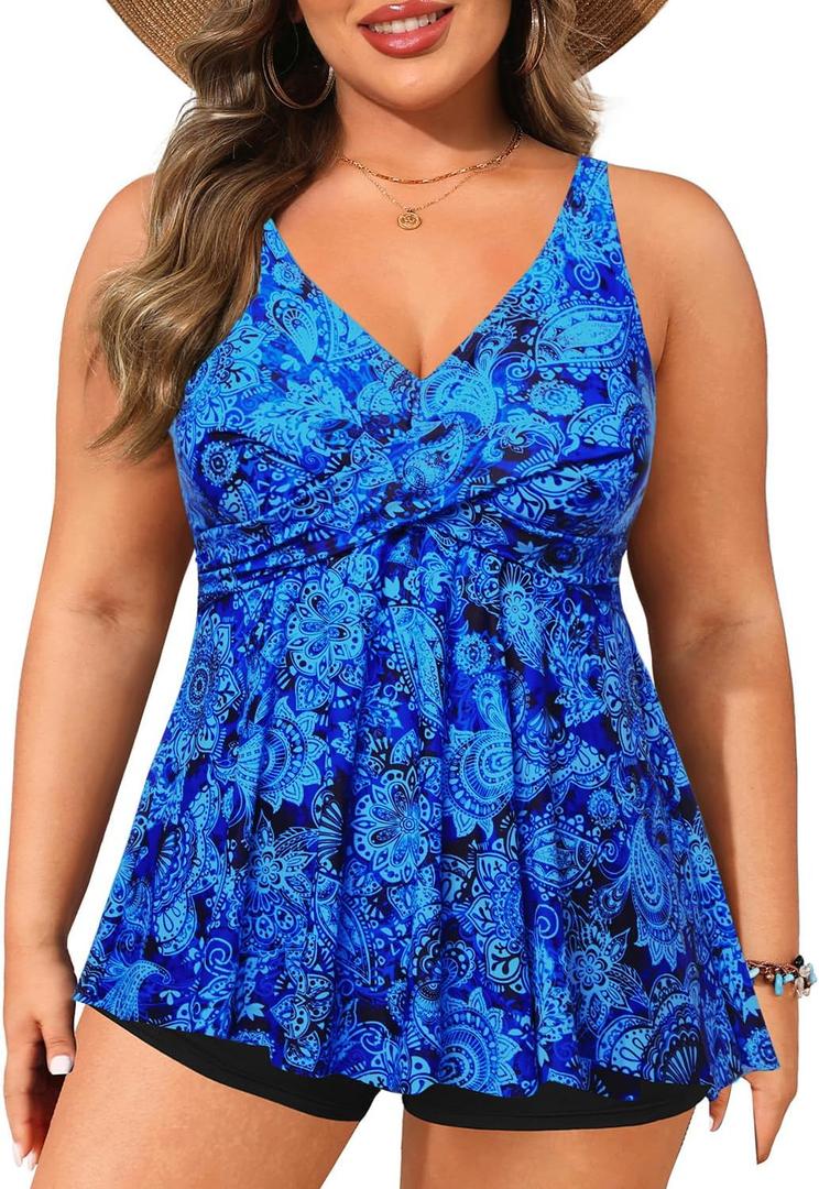 Plus Size Tankini Top Only - Flowy Bathing Suits Top Plus Size Swim Top 2025 Modest Swimsuits Top (Blue Paisley)