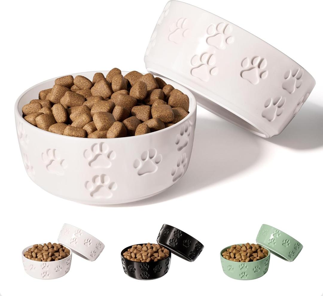 Ceramic Dog Bowl Set of 2 with Anti-Skid Base - 5" Wide x 2" Tall Ceramic Dog Bowls for Small Dogs - 2 Cup Capacity Food and Water Bowls for Dogs - Rubber Bottom Pet Bowl Set of 2 for Small Pets (White)