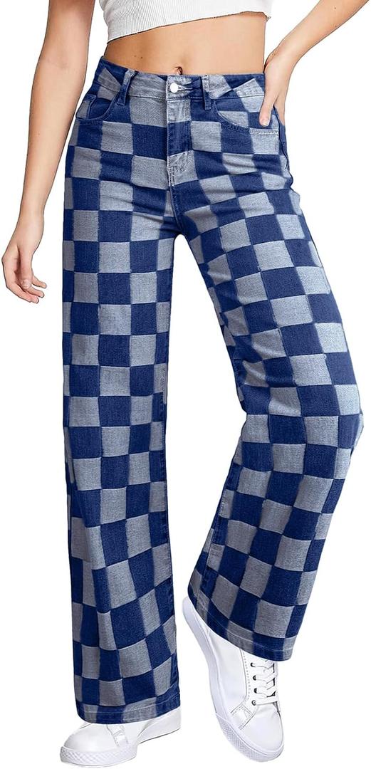 Sidefeel Women's Wide Leg Jeans High Waisted Stretchy Straight Leg Checkered Loose Denim Pants, Blue 18