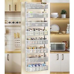 8-Tier Over The Door Pantry Organizer with Mesh Baskets, Adjustable & Stable Hanging Spice Rack for Kitchen, Bathroom, Bedroom, and Baby Essentials Storage (16" W 8-Tiers, White)