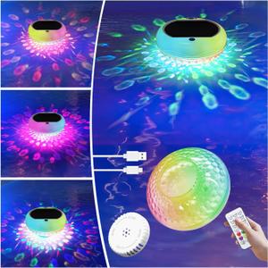 Pool Chlorine Floater, Solar Floating Pool Lights with USB Charging, 2600mAh 6.7 Inch IP68 Waterproof 13 Colors Upper Lower Glow Floating Lights, Adjustable Chlorine Dispenser for 1" & 3" 4 Pack