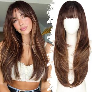 Long Brown Highlight Wig with Bangs for Women,4x4 Realistic Scalp,Free Parting,Layered Hairstyle Synthetic Heat Resistant for Daily Party Use 26 inch