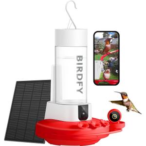 Birdfy Hummingbird Feeder with Dual Cameras - 2K HD Smart Cameras Solar Powered, Close-Up Bird Video/Live Watching & Instant Notifications, Ant Moat & Leakproof - 20oz