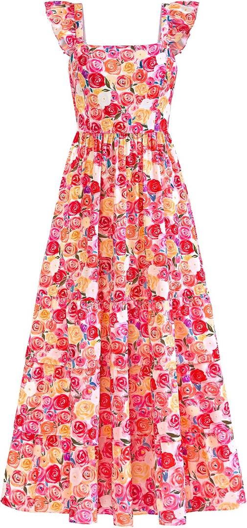 dowerme Summer Dresses for Women 2026 Casual Ruffle Smocked Tiered A-Line Boho Floral Maxi Beach Sun Dress with Pockets (Light Apricot Pink Flower), Large