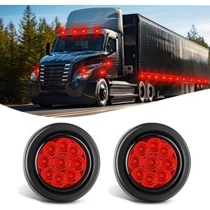 Nilight 2 Inch Round Marker Light 2PCS Red 9LED LED Indicator Clearance Lights Flush Mount with Plug Grommet Pigtail Hardwired for 12V Truck Trailer Tractor Buses Vans Boat