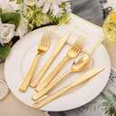 KIRE 400PCS Gold Plastic Silverware - Extra Heavy Duty Hammered Silverware Disposable Set, Gold Utensils Set Include 200 Forks,100 Knives,100 Spoons for Party/Wedding/Father's Day