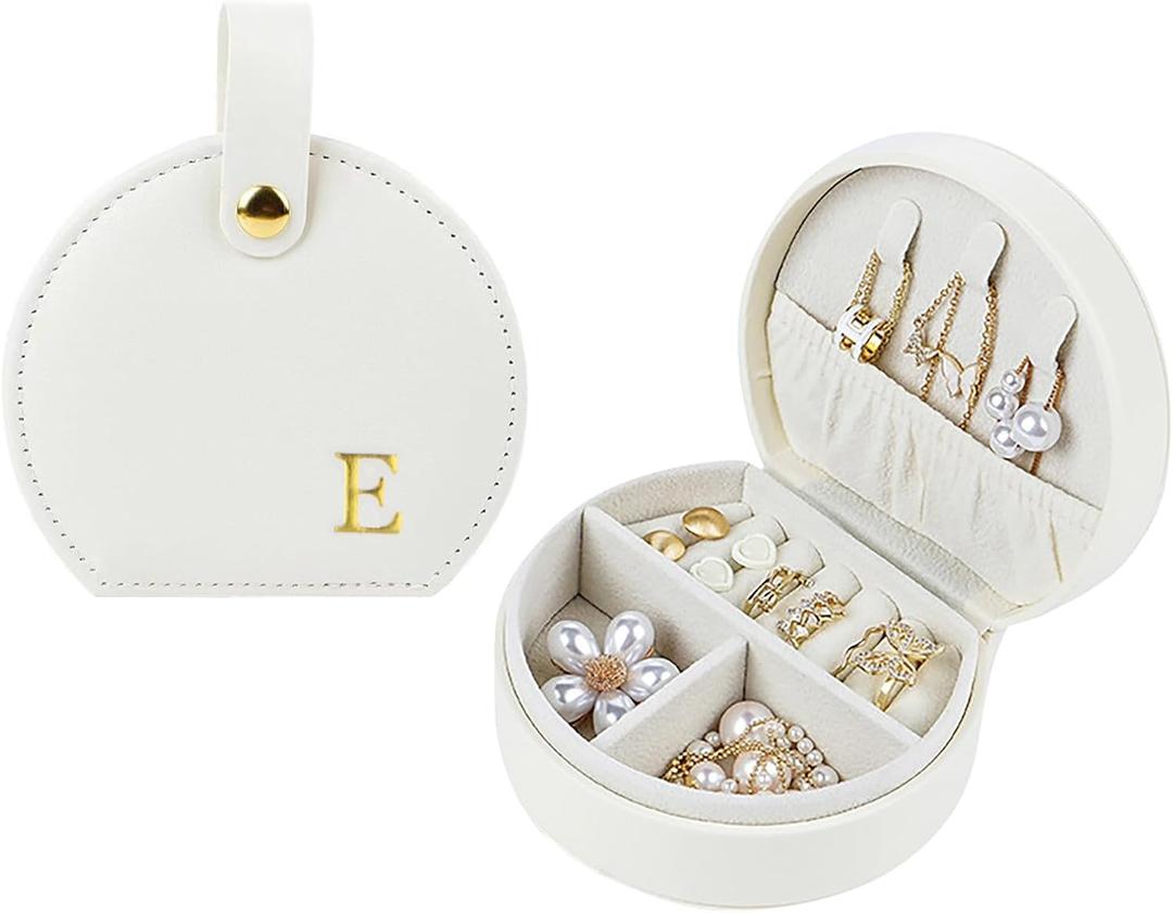 Travel Jewelry Case, Personalized Jewelry Box, Elegant Half-Moon Design with Personalized Golden Initial Case, Personalized Gifts for Women, Jewelry organizer; Personalized Gifts for Women or Friends (E)