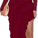 HOCILLE Women's Sexy Boat Neck Bodycon Maxi Dresses Long Sleeve High Slit Ruffle Cocktail Party Dress, X-Large, Wine Red