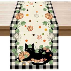 XCHI Fall Black Cat Pumpkin Plaid Table Runner Table Decoration for Kitchen Dining Dinner Autumn Home Decor 13x90 Inch