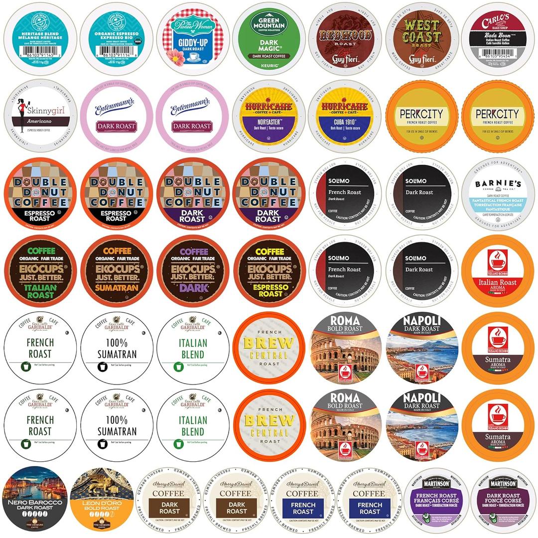 Crazy Cups Perfect Samplers Dark Roast Coffee Pods Variety Pack Sampler, Assortment Of Extra Bold Single Serve Pods For K Cup Brewers, 50 Count (EXP 09/15/26)