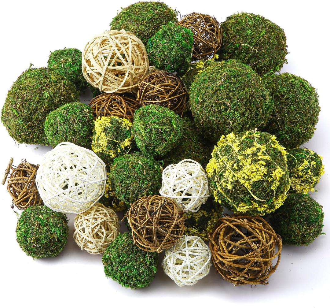Yunsailing 36 Pcs Moss Decorative Balls for Centerpiece Bowls and Rattan Wicker Balls Handmade Orbs Spherical Assorted Vase Filler Tabletop Decor for Garden Wedding Party (Rustic, Retro Colors)