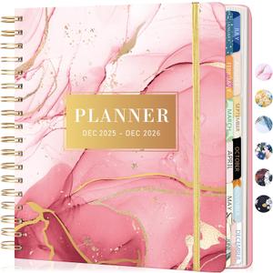 CAGIE 2026 Planner Weekly and Monthly Dec 2025Dec 2026 Hardcover Planner with Pockets, 13 Month Large Pink Marble Calendar Planner with Stickers Tabs, Spiral Bound Yearly Calendar Planner for Women, 8.3" x 9.3"