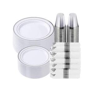 350-Piece Silver Rim Plastic Dinnerware Set for 50 Guests, Elegant Disposable Dinnerware for Party, Wedding, Includes Dinner Plates, Dessert Plates, Silverware, Napkins, Cups, Missing Some Cups