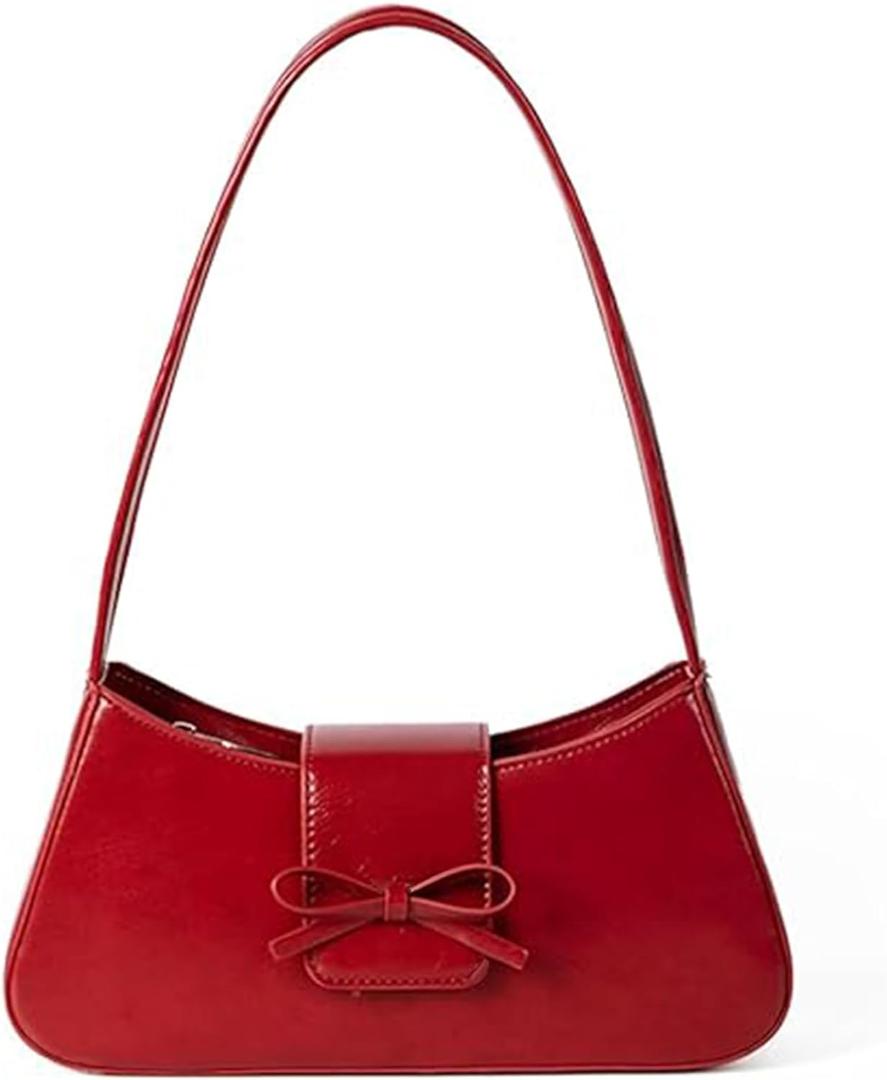 Shoulder Bag for Women, Hobo Handbags Trendy Y2K Purses Patent Leather Clutch Bag Cute Bow Purse (Red)