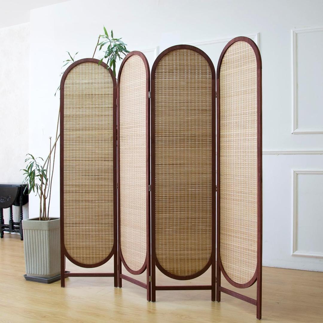 Furnnylane 4 Panel Room Divider Screen and Folding Panel Screen in Arch Shape,Double Sided Panel Divider for Room Separation,Light Brown,70.9" H x 70.9" W