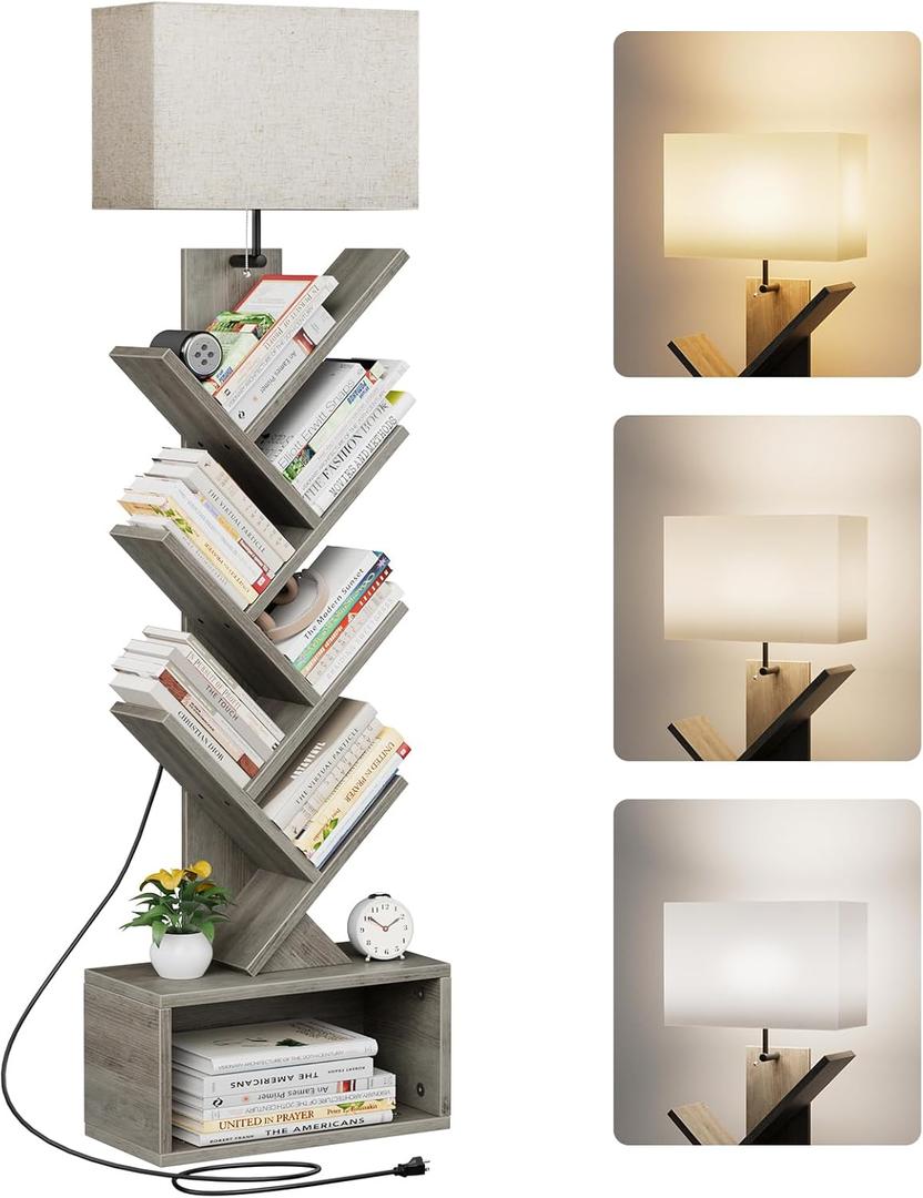 Evermagin 6 Tier Tree Bookshelf with Light, Narrow Bookcase Tower, Tall Floor Standing Book Shelf Organizer with Storage Cabinet for Living Room, Bedroom and Home Office, Gray