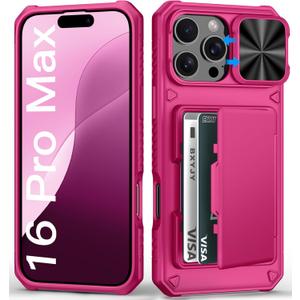 for iPhone 16 Pro Max Wallet Case with Card Holder (4-5 Cards), Military Grade Protection, Slide Camera Cover, Heavy Duty Women Girly Men Protective Phone Case for iPhone 16 Pro Max, Hot Pink