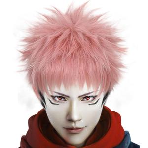 ANOGOL Hair Cap+ Short Wavy Wigs for Men Pink Ombre Black Cosplay Wigs with Bangs for Anime Costume Wig for Halloween Party Short Pink Spiky Wig with Black Sideburns Pinkish Anime Cosplay Wig