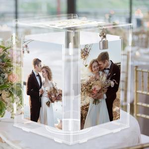 Acrylic Wedding Card Box with Picture Frame, Clear Gift Card Box for Wedding Reception, Large Rotatable Money Envelope Card Box Holder with Lock for Graduation Party Birthday Baby Shower