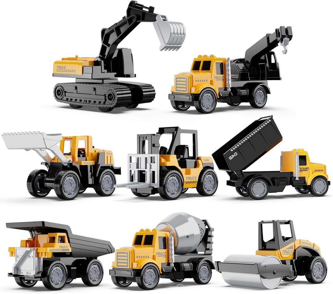 HONGTUO Alloy Mini Construction Vehicles, 8Pcs Die-cast Construction Toys Set, Excavators Mixer Truck Bulldozers Forklift Dump Truck, Pull Back Car Toys for Toddlers Kids Boys & Girls