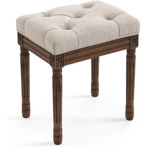 LUE BONA Upholstered Fabric Vanity Bench Seat, Makeup Stools for Vanity, Square Tufted Ottoman Bench with Carved Dark Brown Legs for Bedroom Living Room, Linen Color