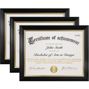 8.5x11 Picture Frame Certificate Diploma Frame with Tempered Real Glass, Black Document Frames for Tabletop & Wall Mount (3 Pack, Black)