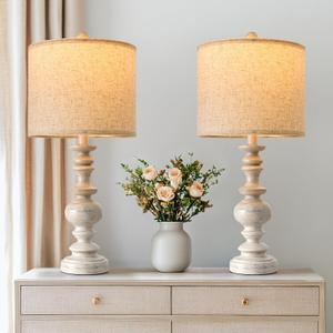 BOBOMOMO 24" Traditional Farmhouse Table Lamp Set of 2, Vintage Resin Lamps for Living Room Bedroom, Rustic Nightstand Lamp with Linen Shades, Retro Black Table Lamps for Living Room, Bedroom, Office