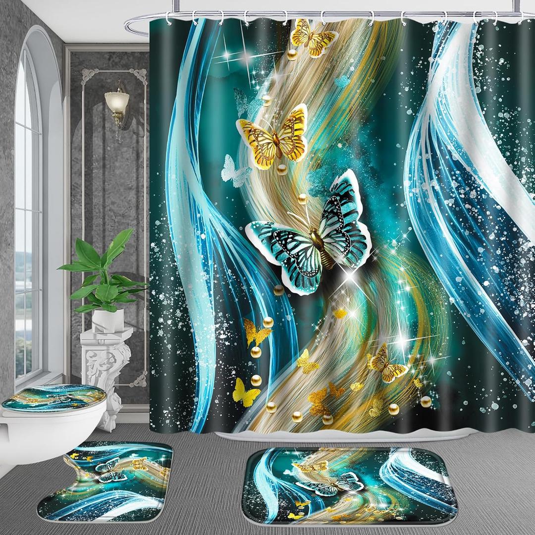 Poedist 4 Pcs Bathroom Shower Curtain Set,Blue Light Butterfly Bathroom Sets with Rugs(Bath Mat,U Shape and Toilet Lid Cover Mat) and 12 Durable Hooks