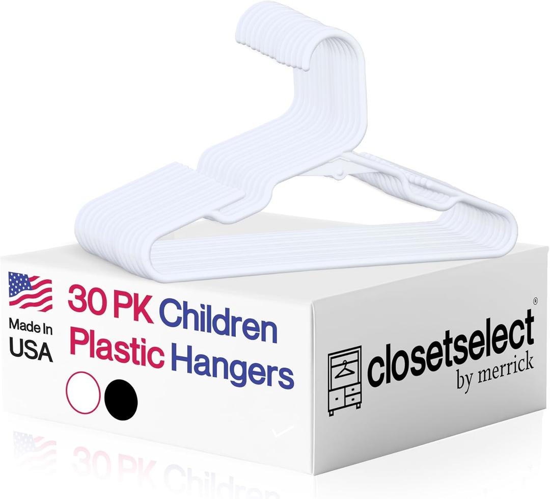 30 Pk Kids Children Hangers Plastic Made in USA, for Children, Infant, Toddler, Baby Clothes, White, 30 Pack Non-Slip