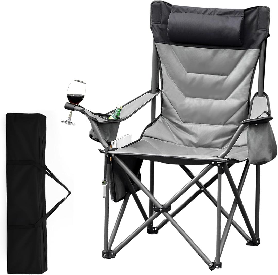 Oversized Padded Camping Chairs, Hevy Duty Folding Camp Chair - 500Lbs Support for Adults - Comfortable Camping Chair with High Back & Pillow, 1 Pack, Grey 