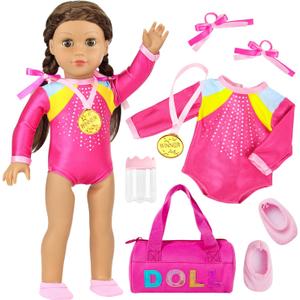 K.T. Fancy 18 Inch Doll Gymnastics Clothes Set - Pink Leotard, Shoes, Gym Bag, Olympic Medal, Water Bottle & Hair Accessories for Doll Play, Doll Not Included