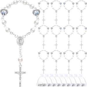 Misdary 30 Sets Baptism Mini Rosary with Organza Bags Faux Pearls Baptism Rosary Baptism Favors for Guests Catholic Finger Rosary for Christening Weddings Party Favors First Communion Gift(Silvery)