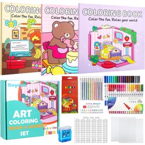 Cute Coloring Book Set for Teens Adults Relaxation, Easy and Simple Designs Coloring Book for Teens Girls, Stress Relief Gifts for Women with 36 Colors Markers & 12 Glitter Pens & 12 Colored Pencils,3 Pack Coloring Book Set