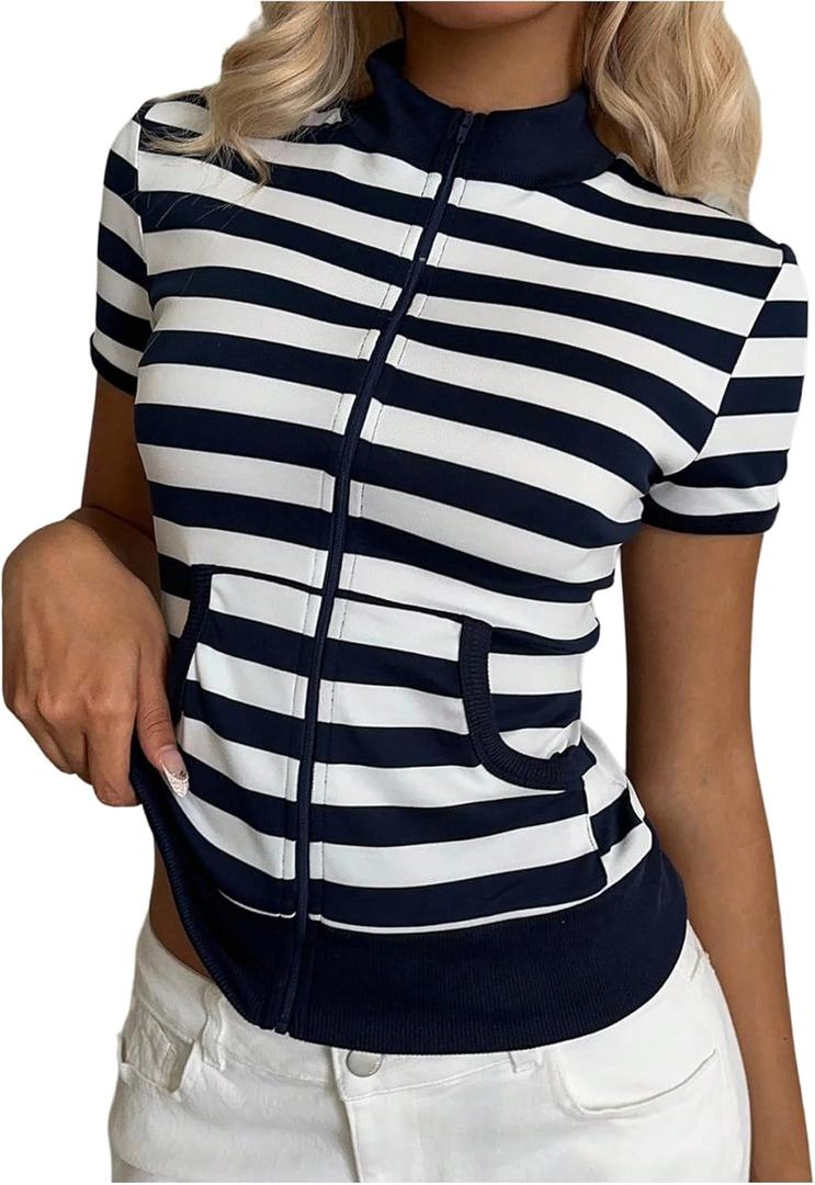 SweatyRocks Women's Slim Fit Zip Up Sweatshirts Collar Striped Short Sleeve Tops with Pockets (M)