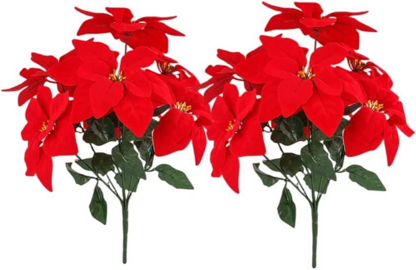 Rikyo 2- Bouquet Artificial Poinsettia Flowers 19 inch Silk Bushes Christmas Flowers Ornaments 7 Stem Heads Velvet Poinsettia Floral with Stem Leaf for Party Home Holiday Decor (Red)